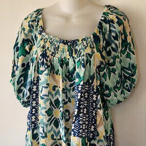 Cupio blouse sz L blue green yellow floral EUC